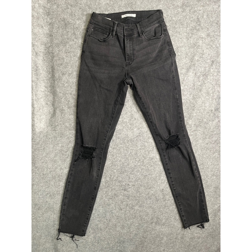 PacSun High Rise Skinny Jeans Womens 24 Black Distressed Ripped Knee Raw Hem